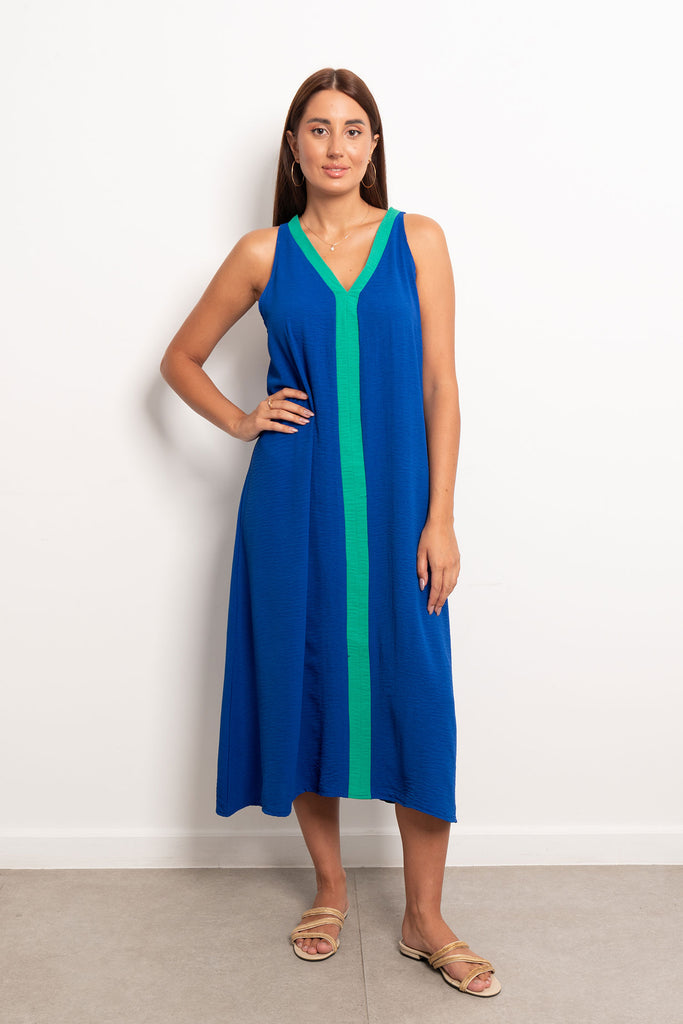 Tow Tone V-Neck Slip Maxi Dress - Blue