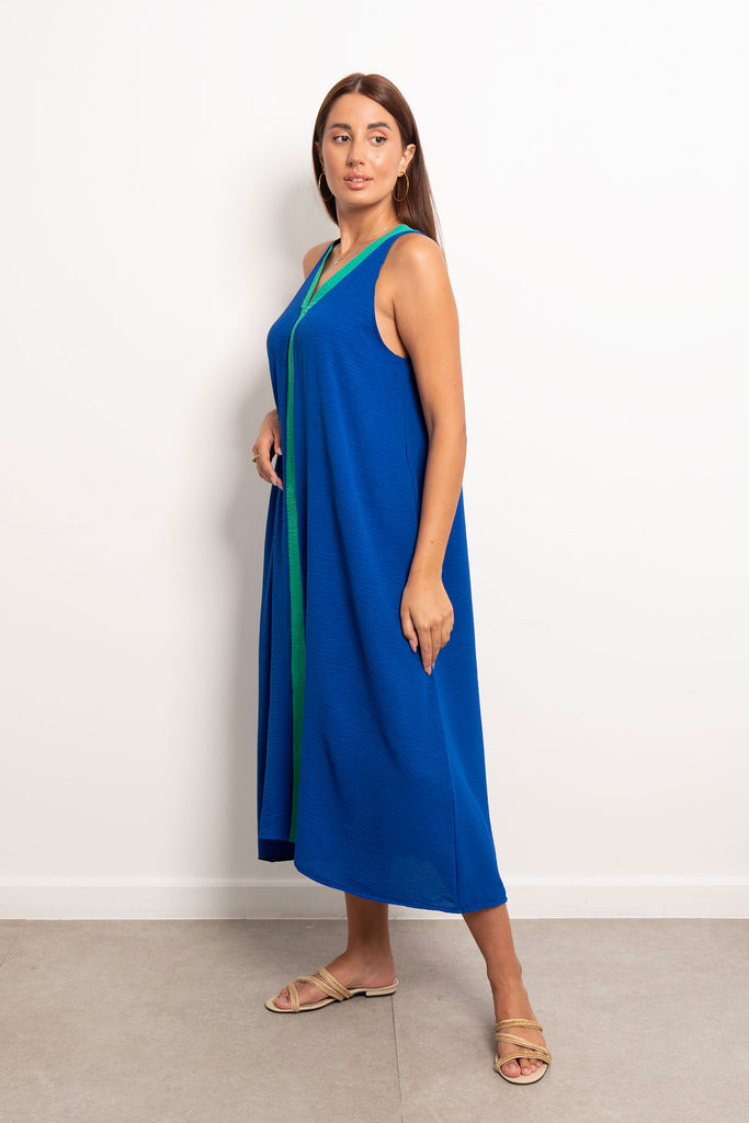 Tow Tone V-Neck Slip Maxi Dress - Blue