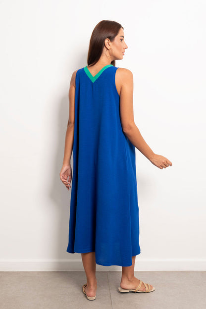 Tow Tone V-Neck Slip Maxi Dress - Blue