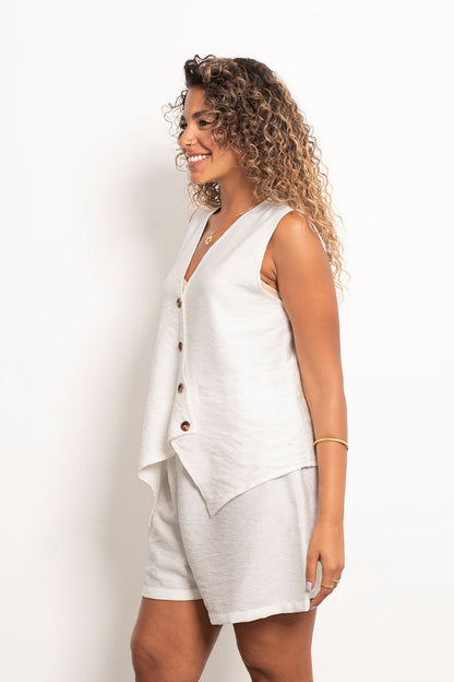 Twisted Vest Linen Set - White