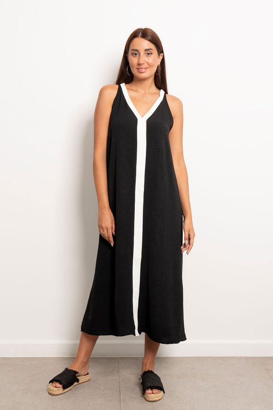 Tow Tone V-Neck Slip Maxi Dress - Black