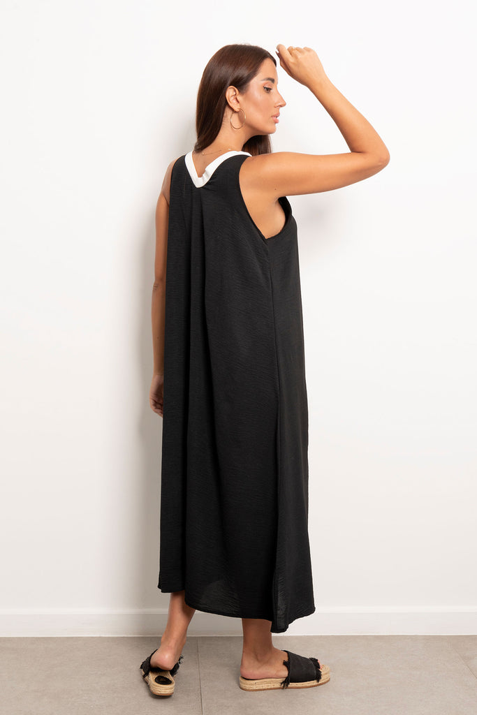 Tow Tone V-Neck Slip Maxi Dress - Black