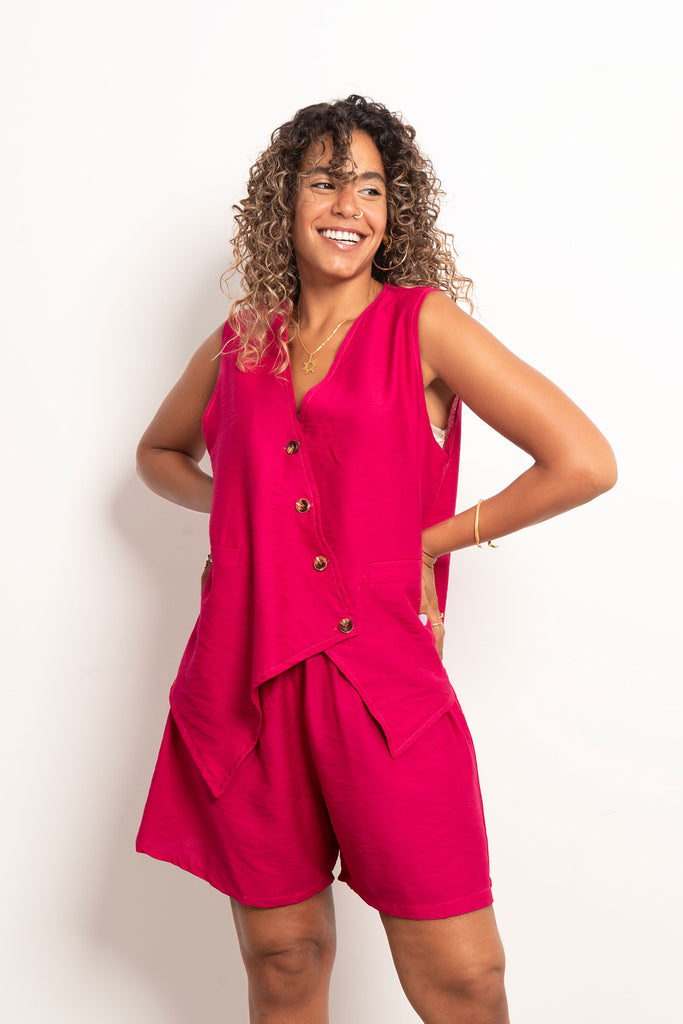 Twisted Vest Linen Set - Fuchsia