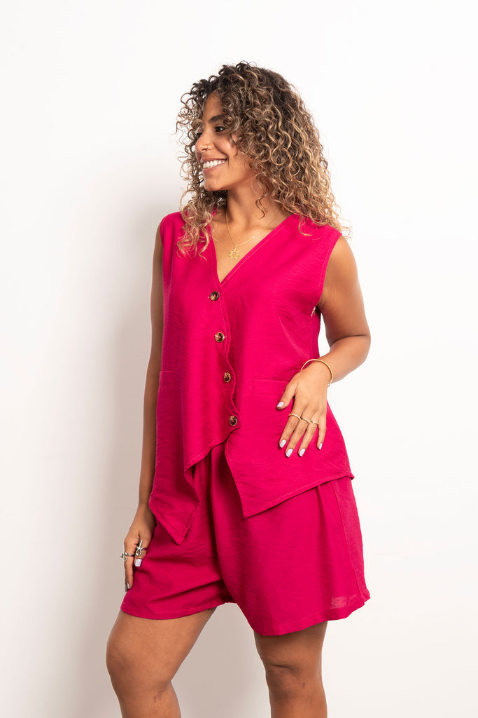 Twisted Vest Linen Set - Fuchsia