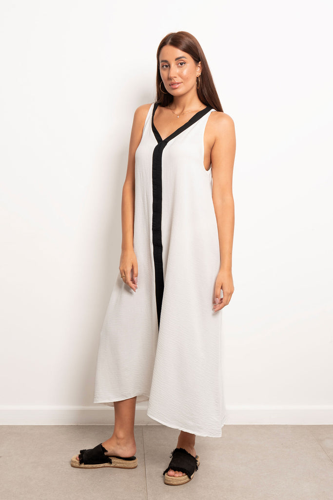 Tow Tone V-Neck Slip Maxi Dress - White