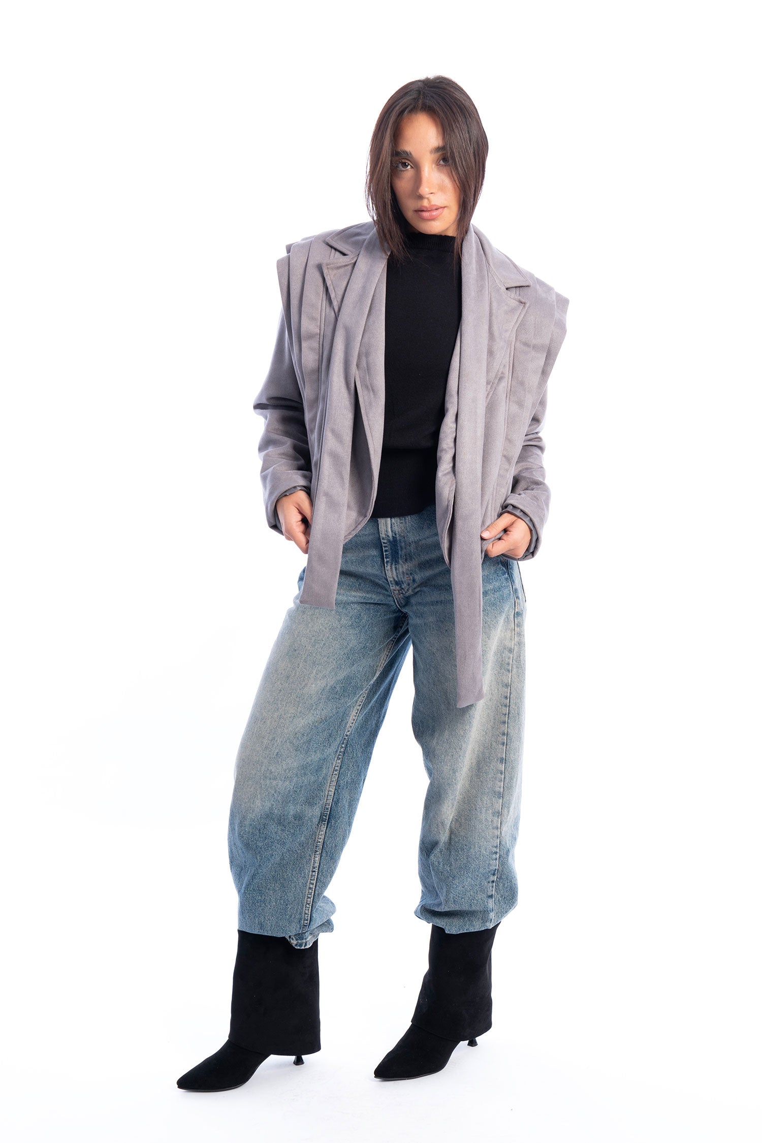 Suede Diva Belted Jacket - Grey