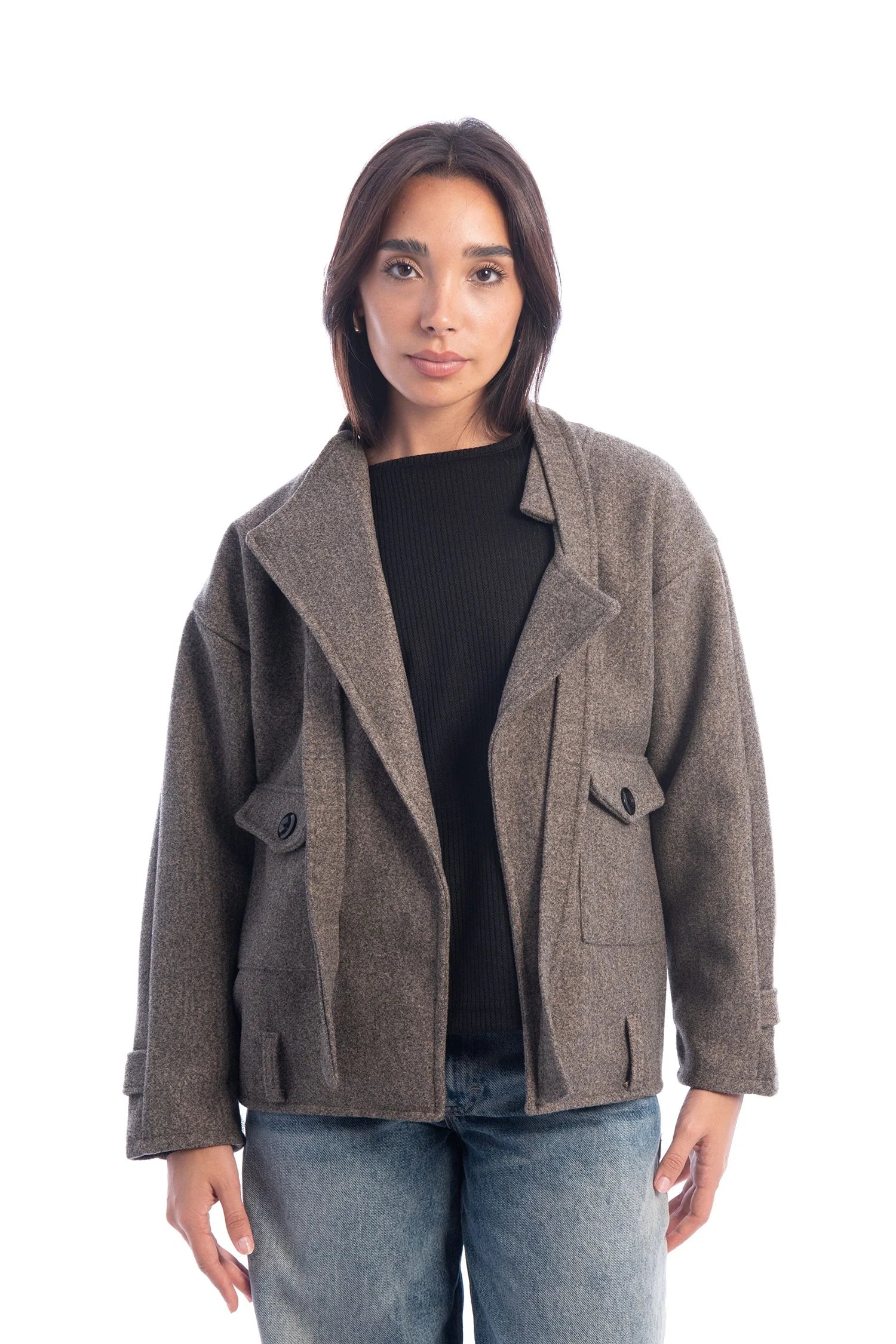 Crop Wool Irregular Jacket - Grey