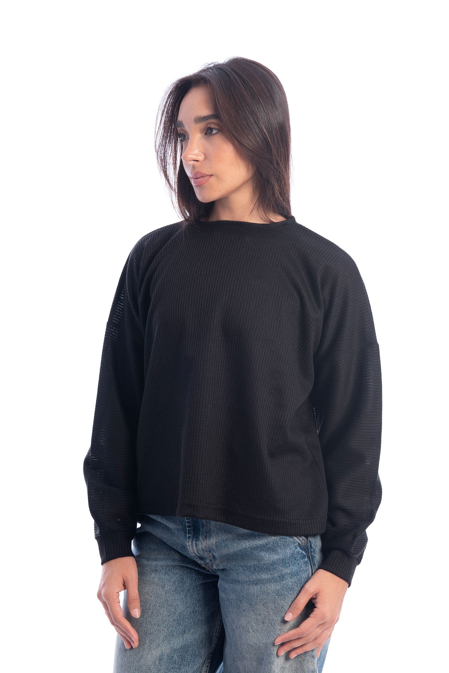 Solid Crew Neck Knitted Top - Black