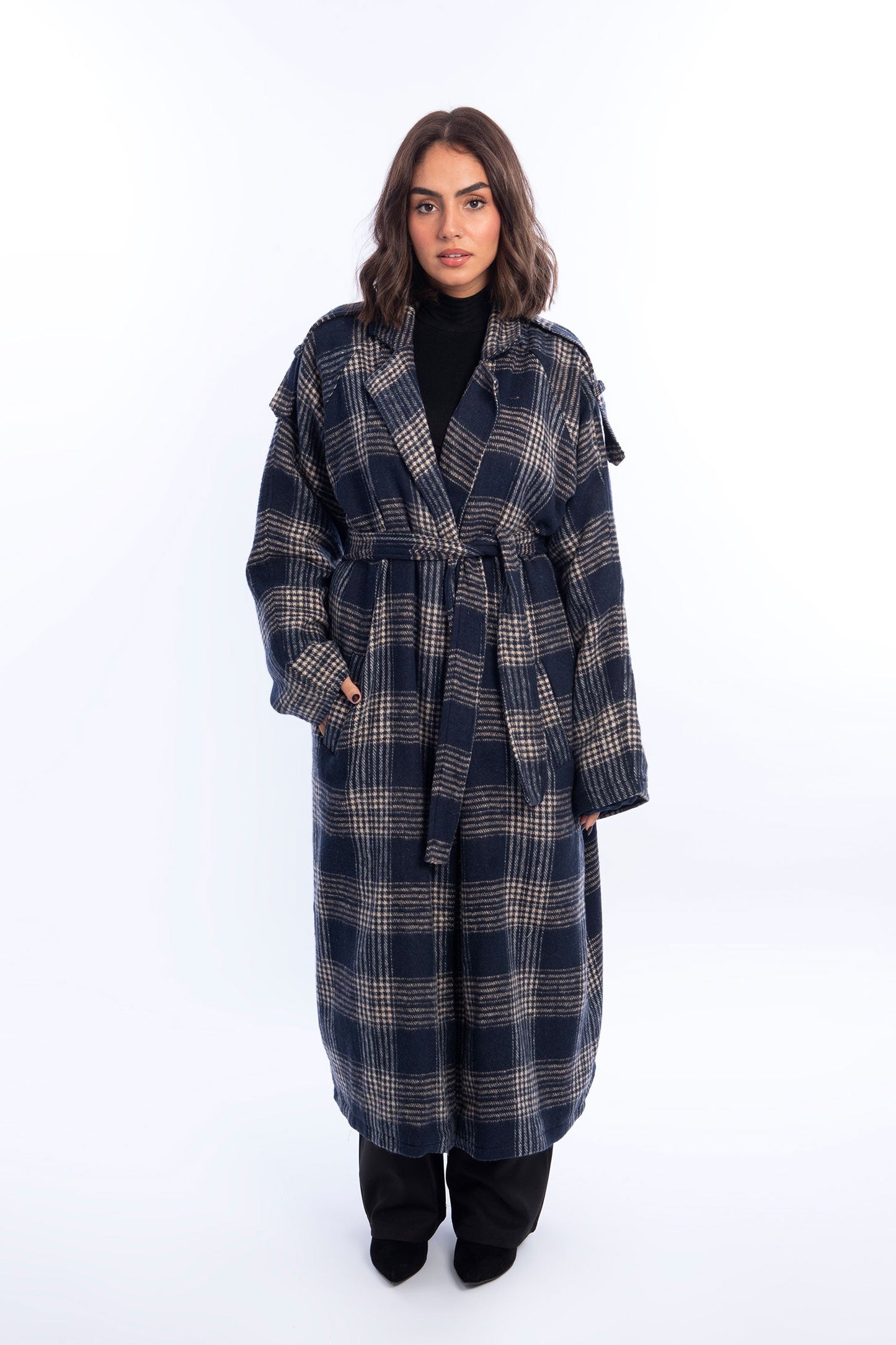 Wool Checked Belted Trench Coat