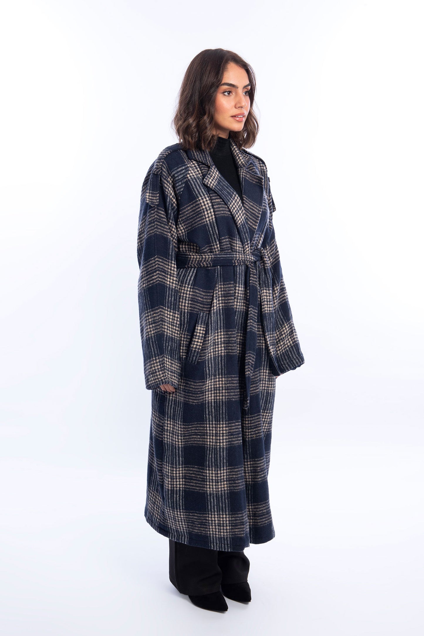 Wool Checked Belted Trench Coat