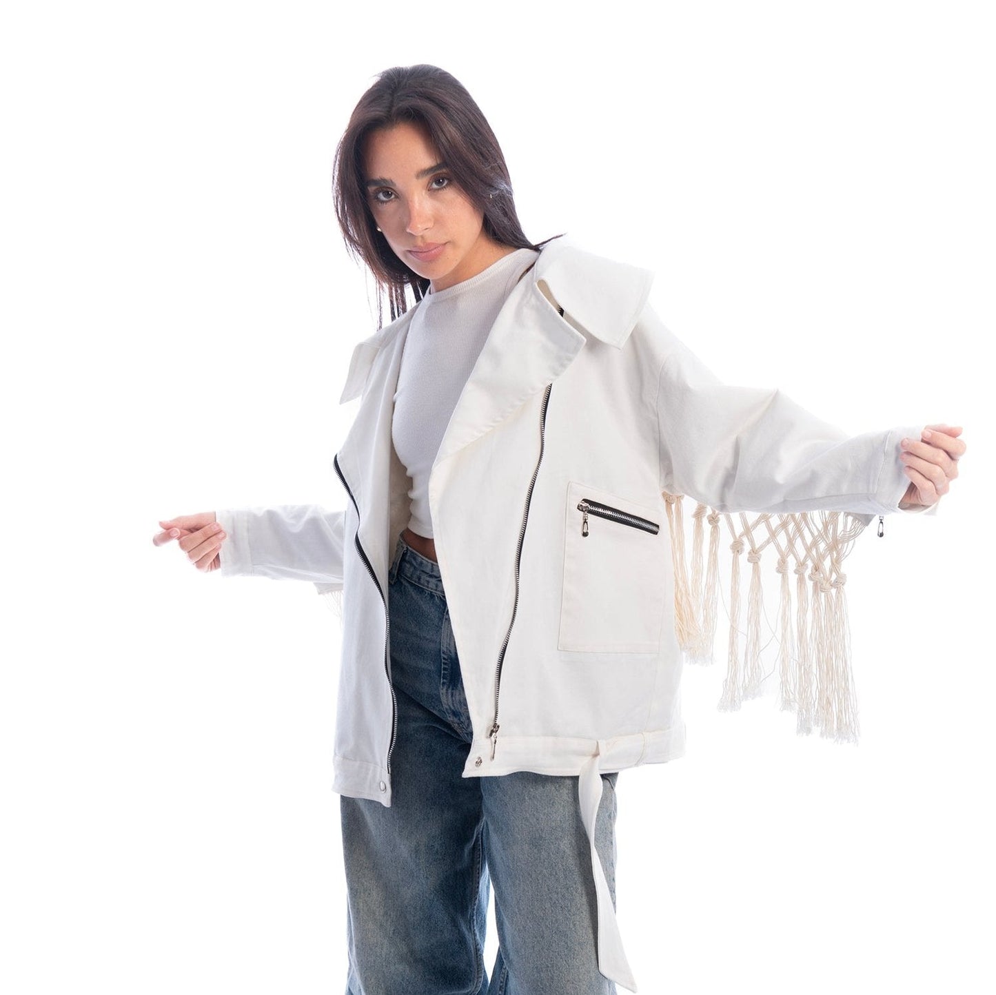 Boho Fringe Oversized Jacket - Cream