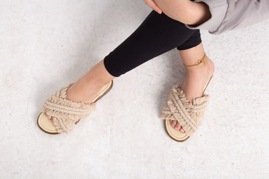 Macrame Boho Cross Slippers - Beige