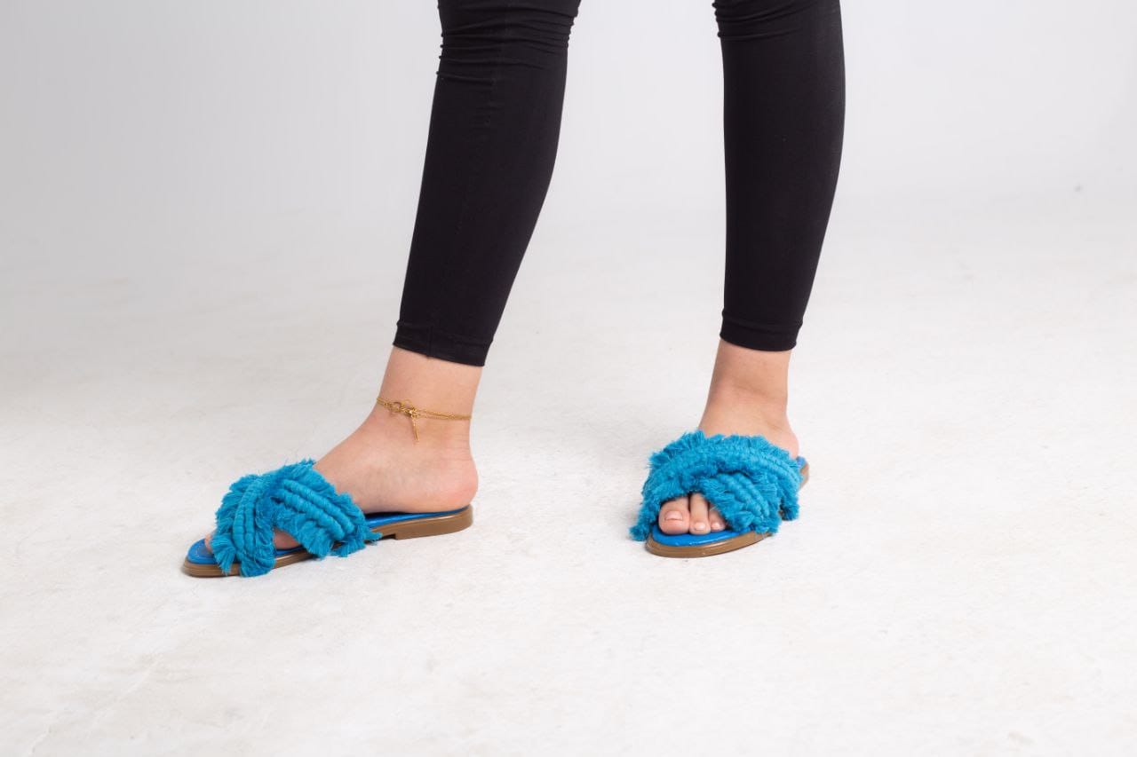Macrame Boho Cross Slippers - Blue