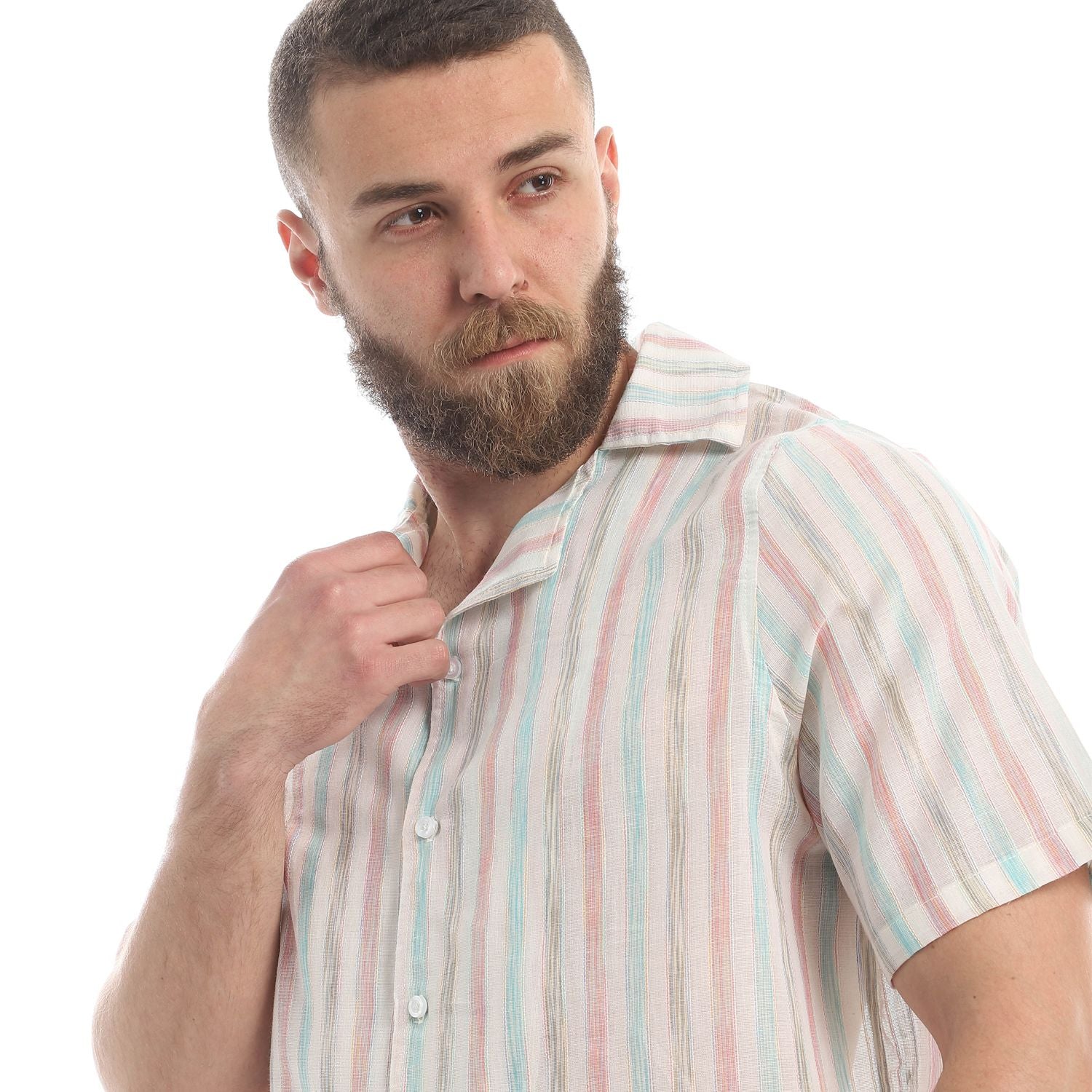 Hawaii Linen Short Sleeved striped Shirts- Navy, Off white - Champsland