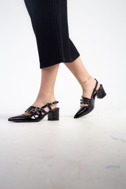 Patent Solid Slingback Heels – Black