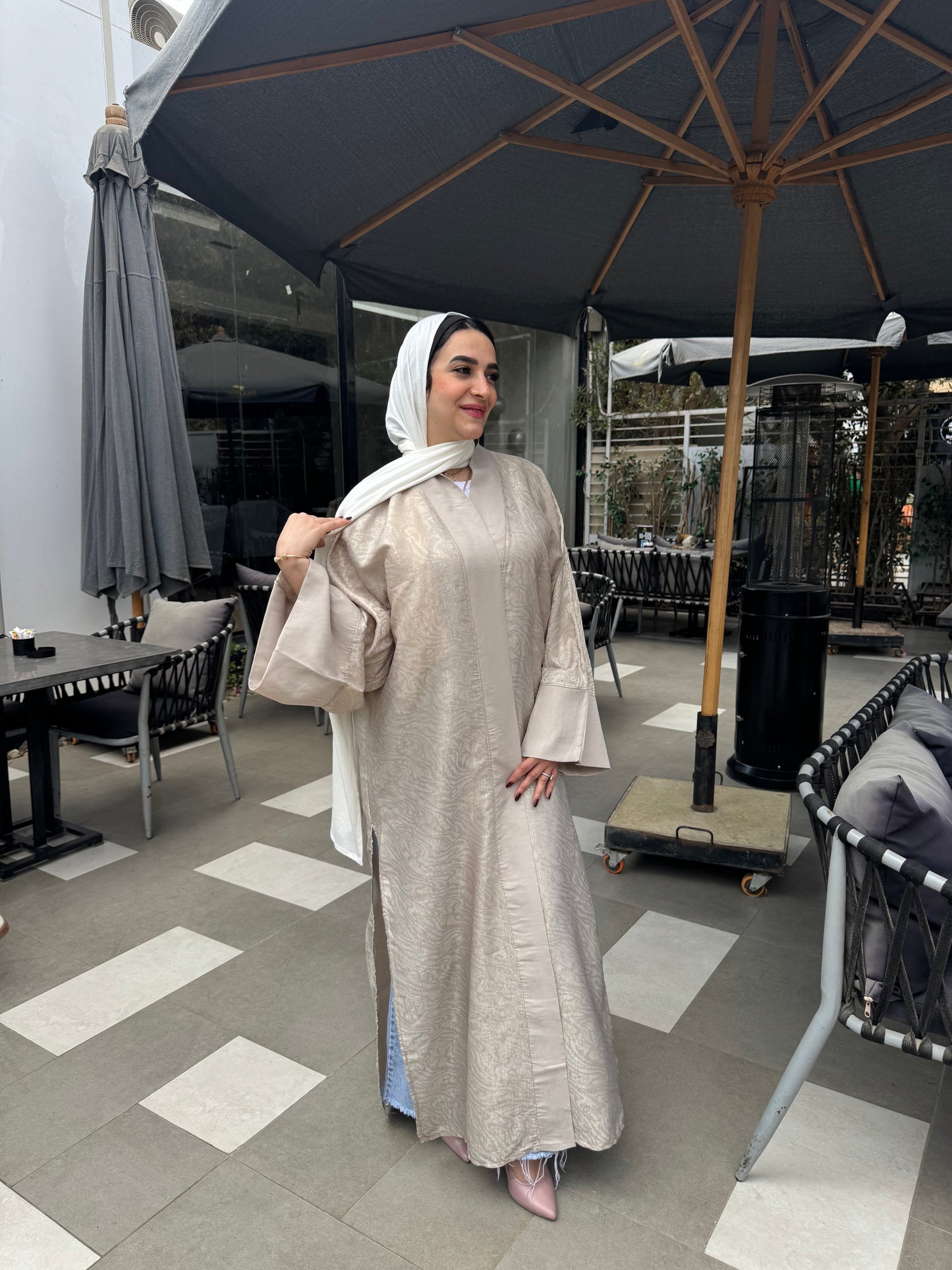 Metallic Satin Solid Kaftan – Beige