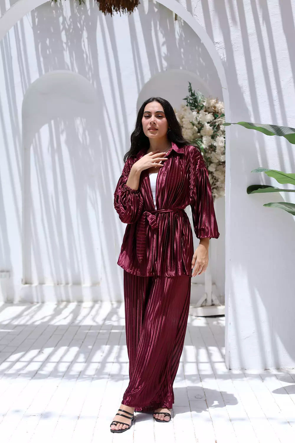 Plisse Two-Piece Set - Burgundy