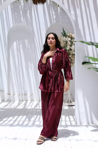 Plisse Two-Piece Set - Burgundy
