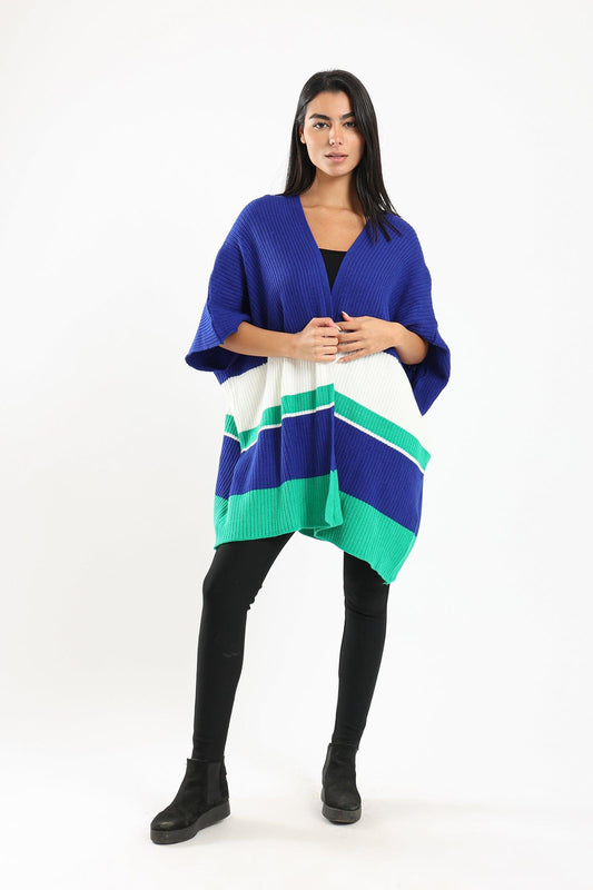 Ribbed Cape Sleeves Poncho - Blue