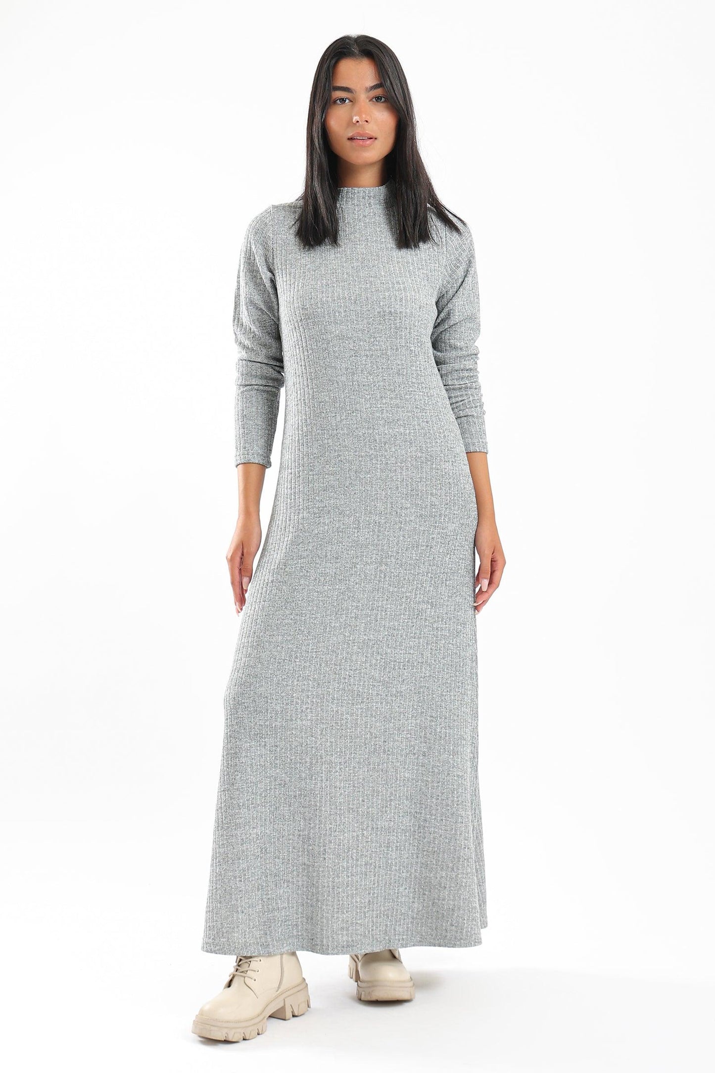 Ribbed Maxi Dress With Long Sleeves - Clue Wear