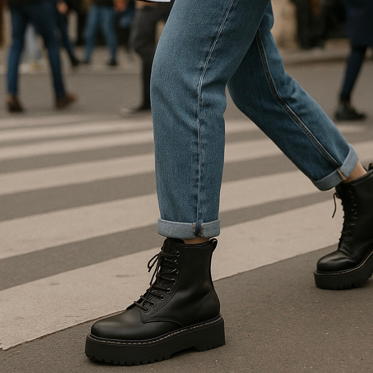 Faux Leather Combat Boots – Black