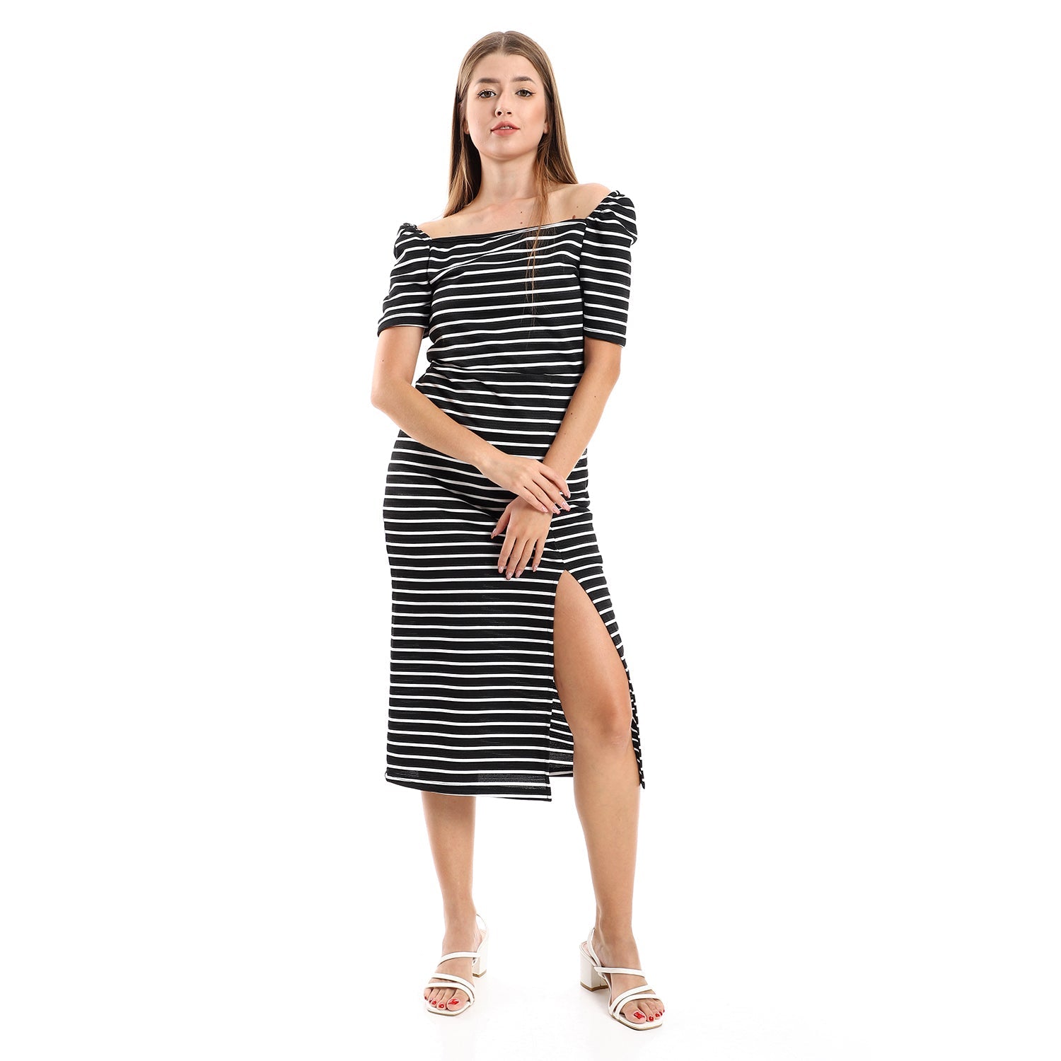 Jamila Women Striped Casual Dress With Side Slits