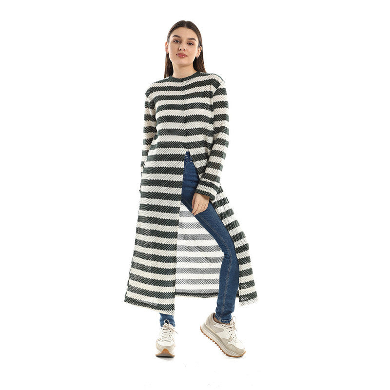 Striped Front Slit Long Tunic – Olive