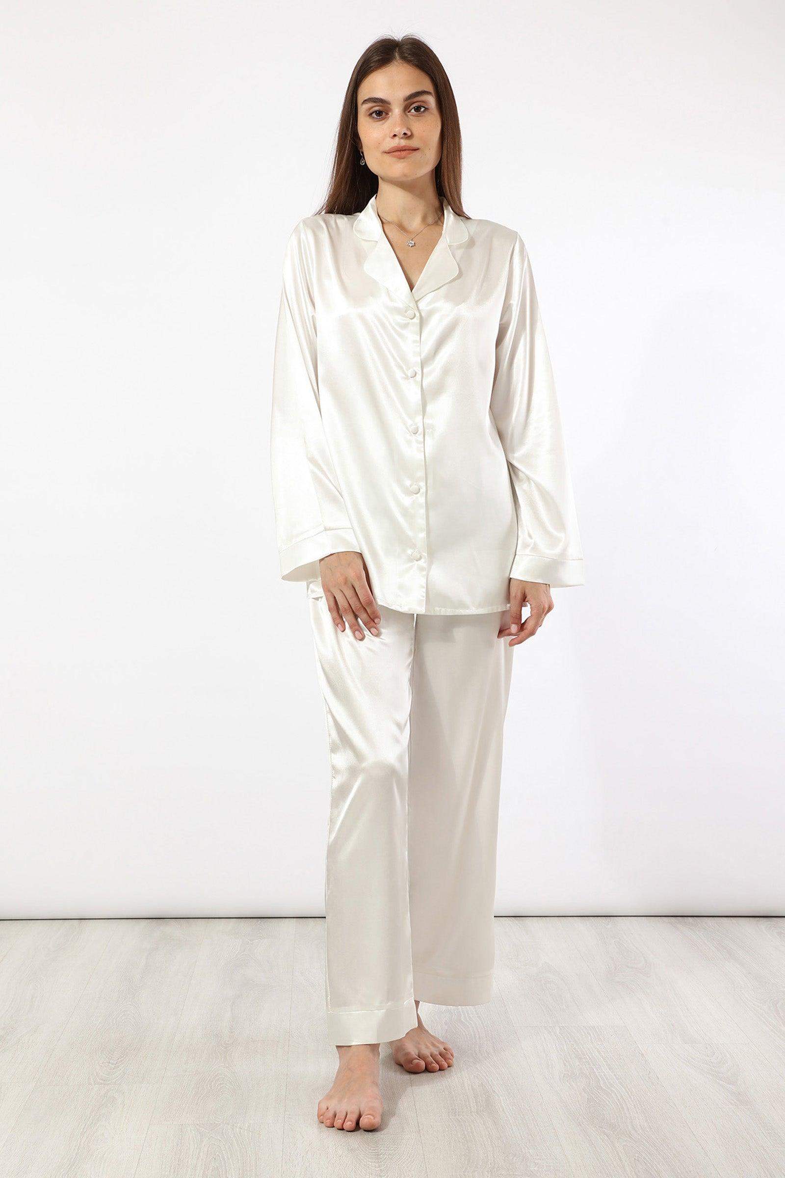 Satin Long Sleeve Pyjama Set - White - Carina - ÙƒØ§Ø±ÙŠÙ†Ø§