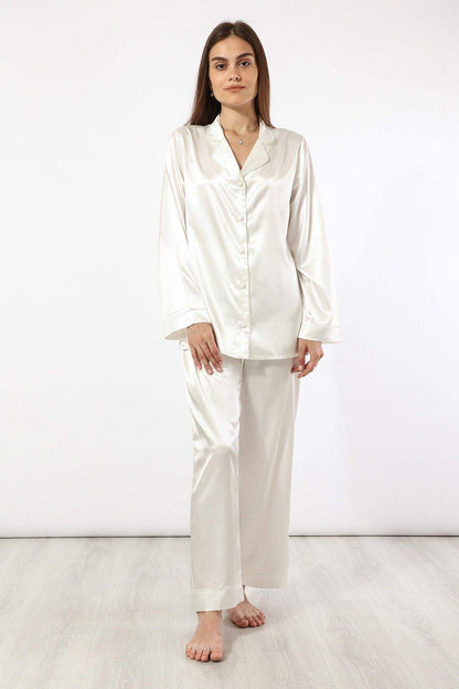 Satin Long Sleeve Pyjama Set - White - Carina - ÙƒØ§Ø±ÙŠÙ†Ø§