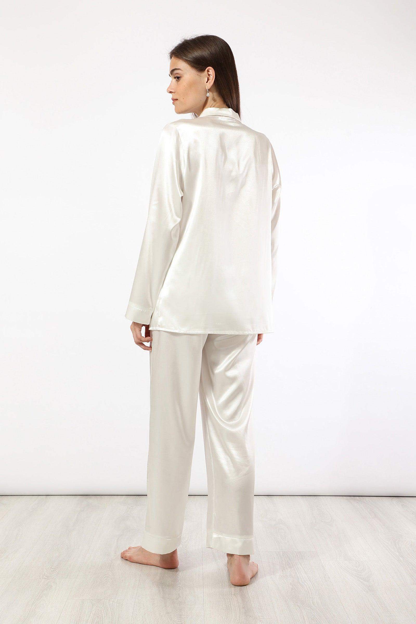 Satin Long Sleeve Pyjama Set - White - Carina - ÙƒØ§Ø±ÙŠÙ†Ø§