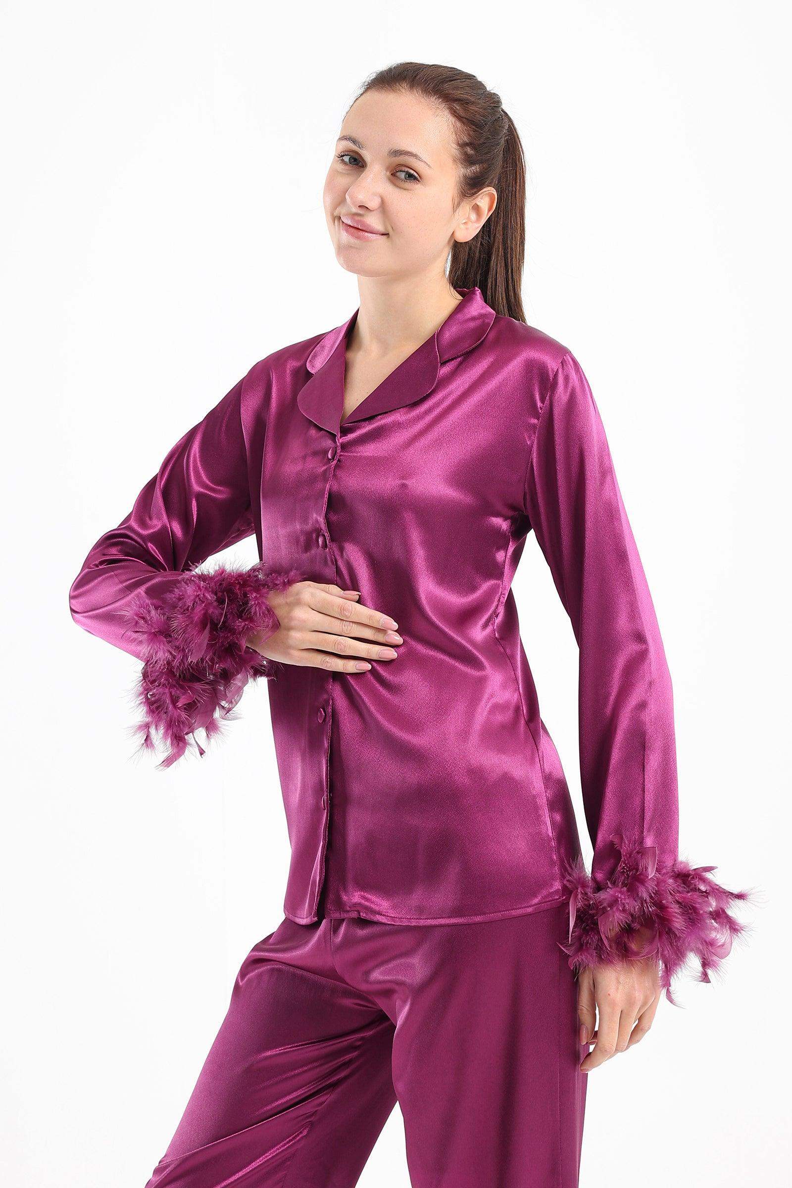 Satin Pyjama Set with Feather Cuffs - Carina - ÙƒØ§Ø±ÙŠÙ†Ø§