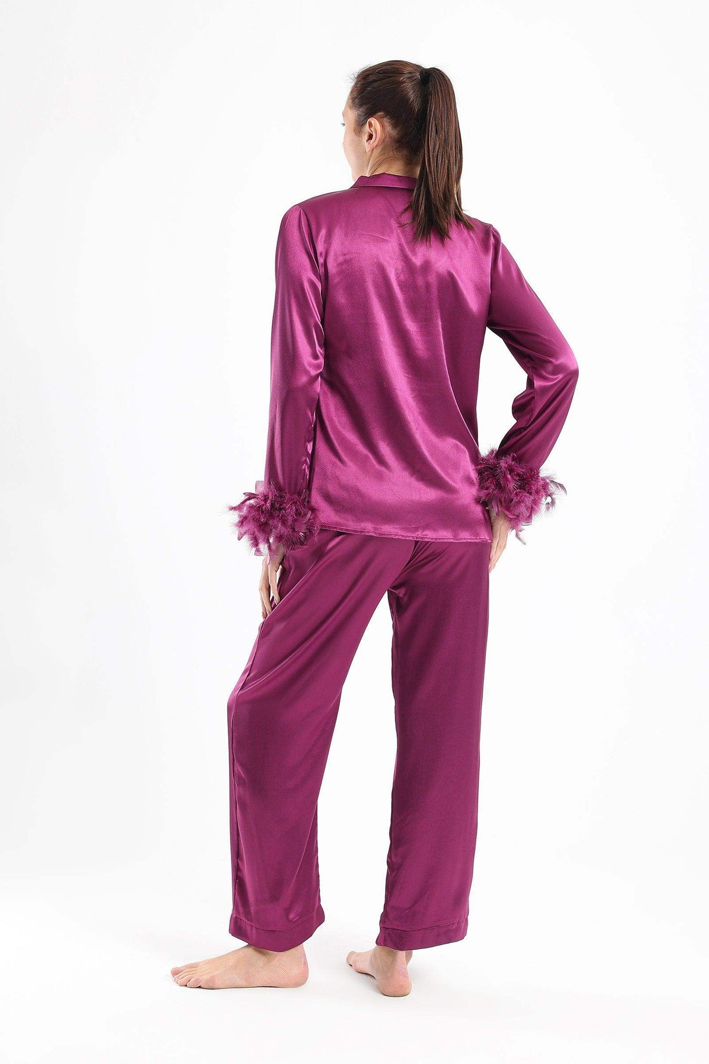 Satin Pyjama Set with Feather Cuffs - Carina - ÙƒØ§Ø±ÙŠÙ†Ø§