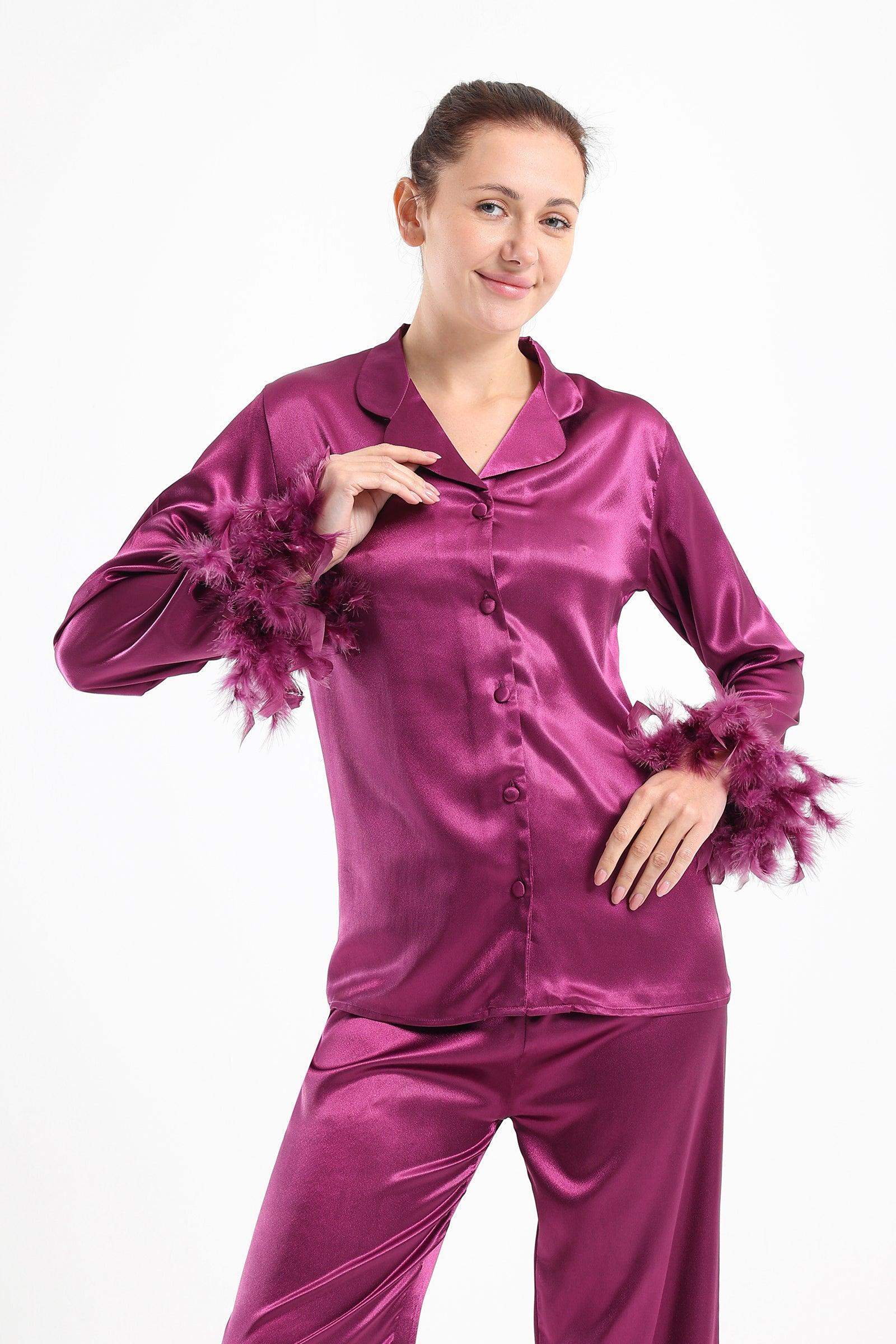 Satin Pyjama Set with Feather Cuffs - Carina - ÙƒØ§Ø±ÙŠÙ†Ø§