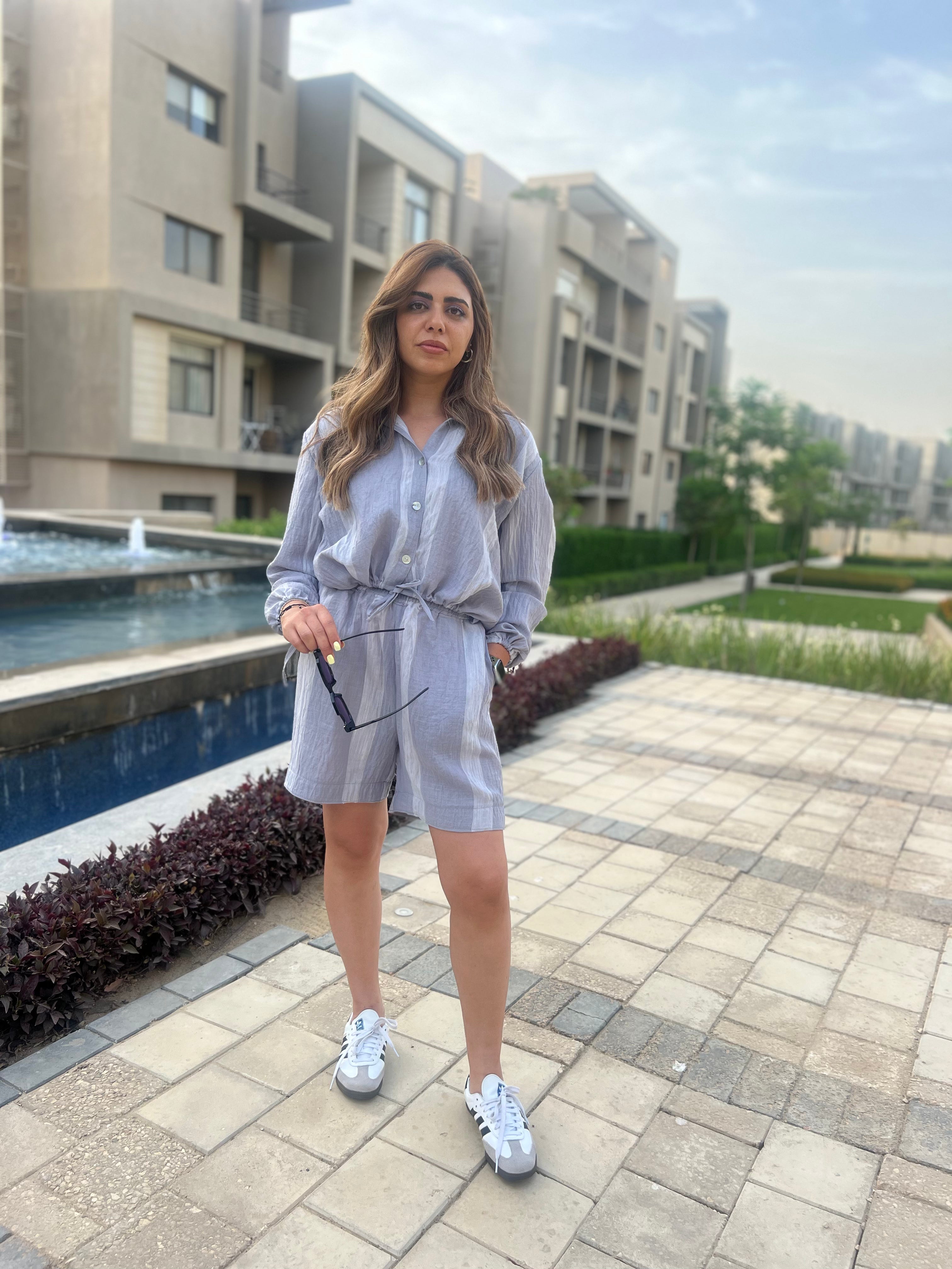 Linen Button long Sleeve Shirt Short Set - Blue