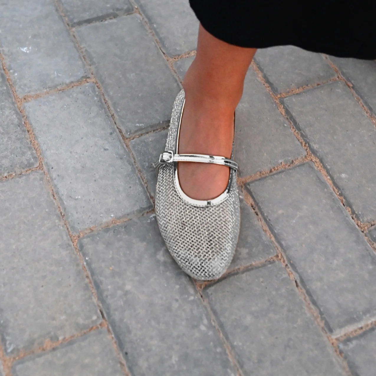 Bailatira Silver Fishnet Flats with Round Toe