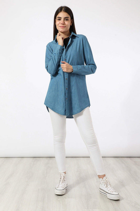 Solid Buttoned Denim Shirt - Carina - ÙƒØ§Ø±ÙŠÙ†Ø§