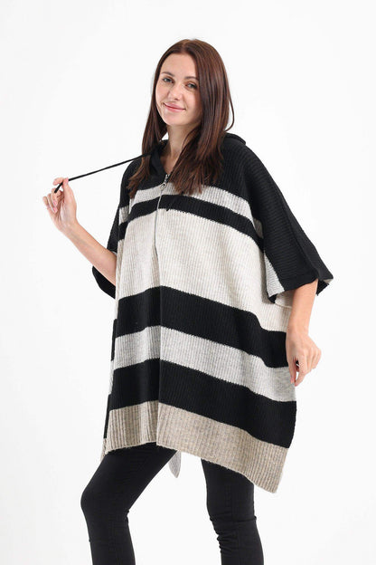 Striped Poncho with Front Zipper - Carina - ÙƒØ§Ø±ÙŠÙ†Ø§