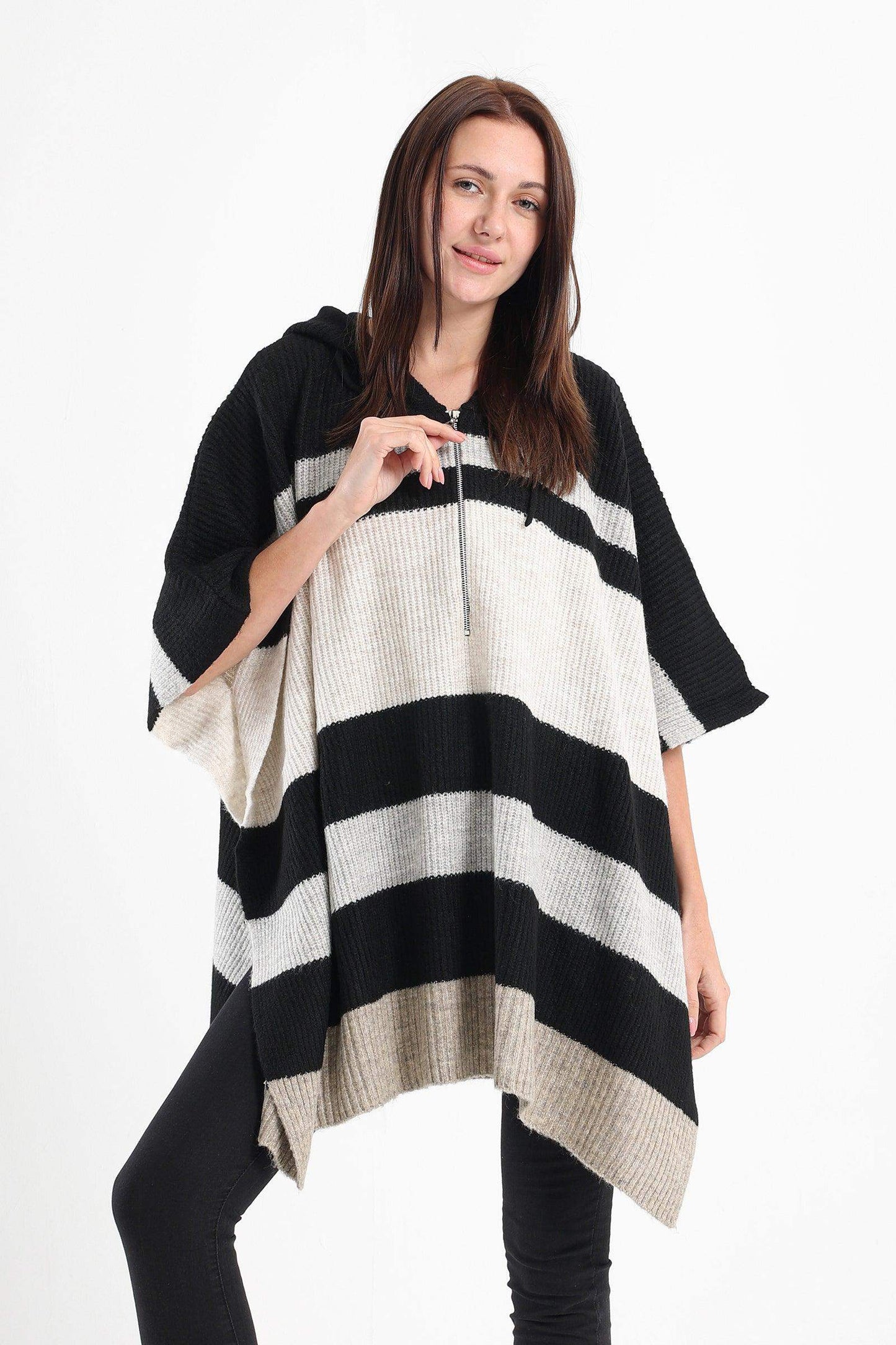 Striped Poncho with Front Zipper - Carina - ÙƒØ§Ø±ÙŠÙ†Ø§