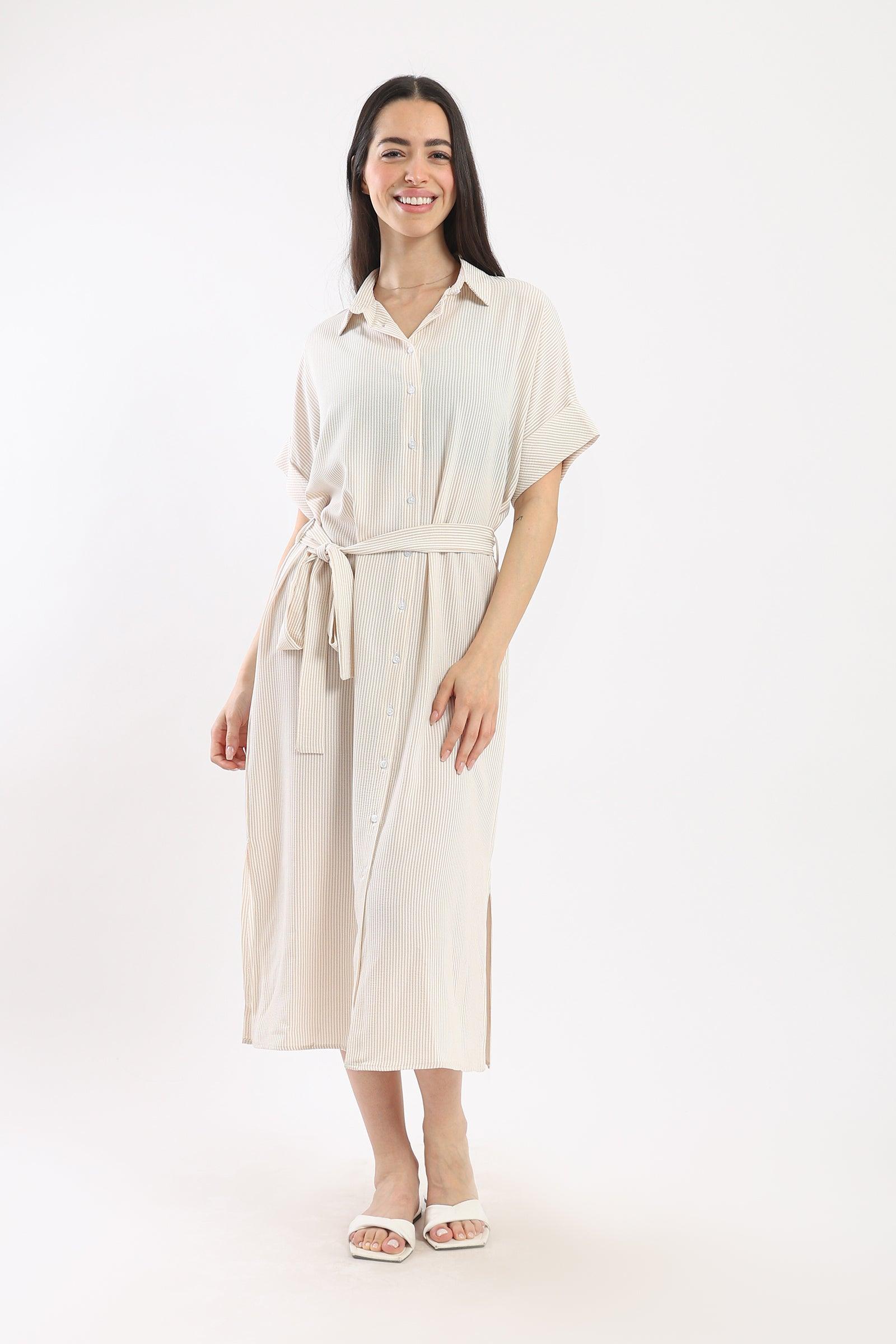 Striped Shirt Dress With Belt - Clue Wear