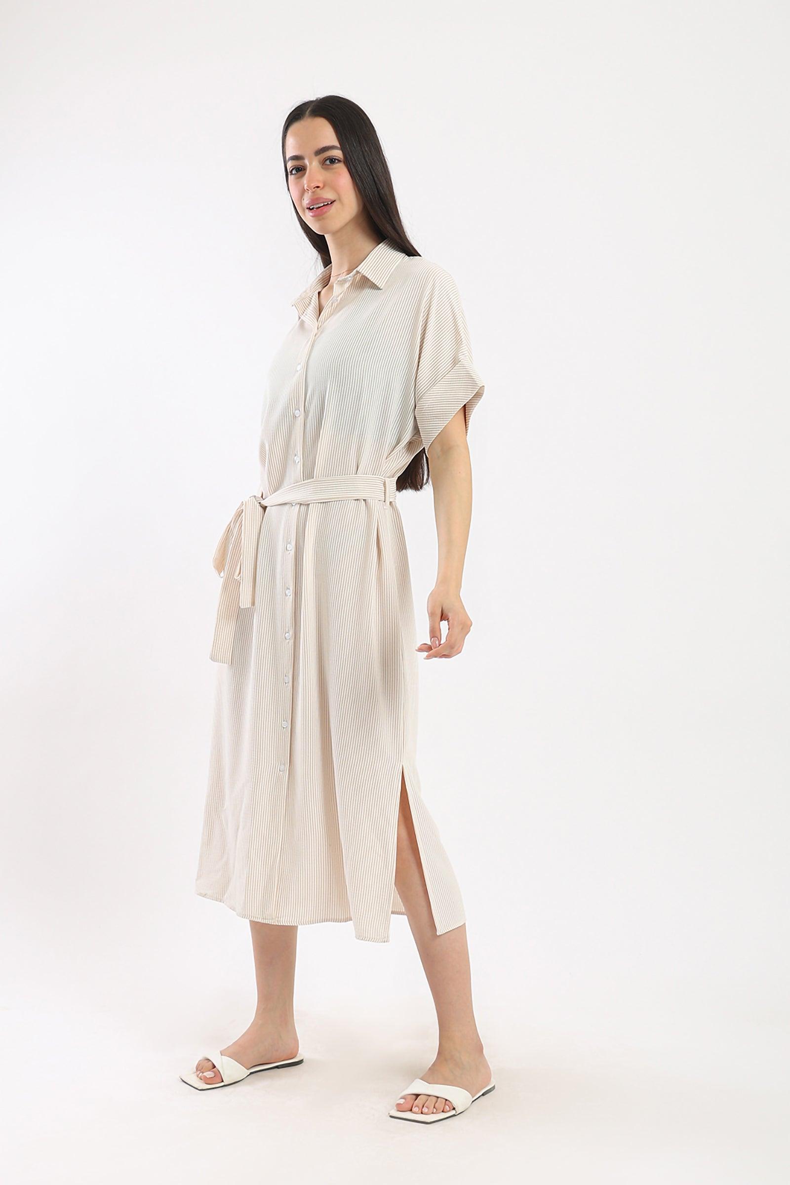 Striped Shirt Dress With Belt - Clue Wear