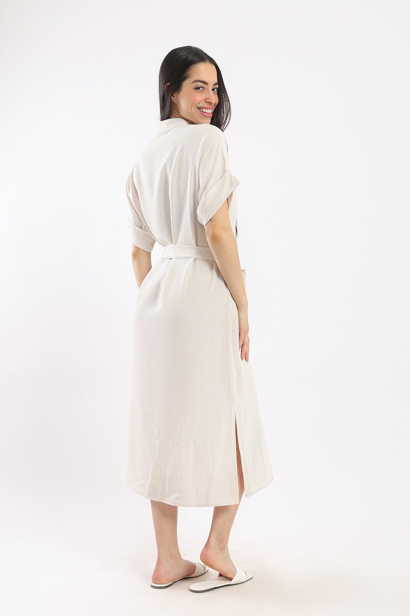 Striped Shirt Dress With Belt - Clue Wear