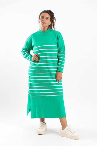 Striped Wool Midi Dress - Green