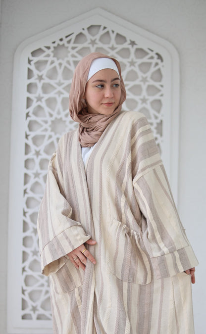 Cotton-Linen Striped Cardigan - Coffee