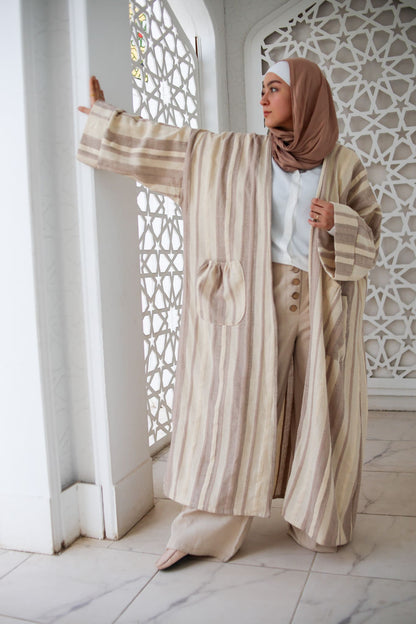 Cotton-Linen Striped Cardigan - Coffee