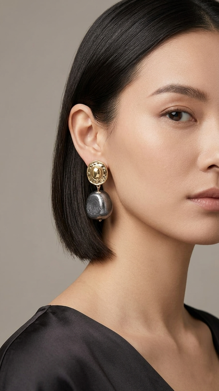 Textured Stone Drop Earrings - Grey & Gold
