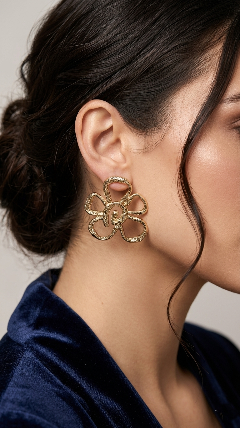 Openwork Floral Statement Earrings - Gold