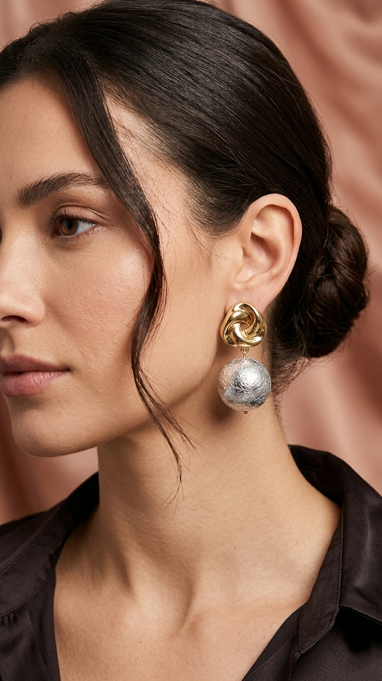 Twisted Sphere Drop Earrings - Gold & Silver
