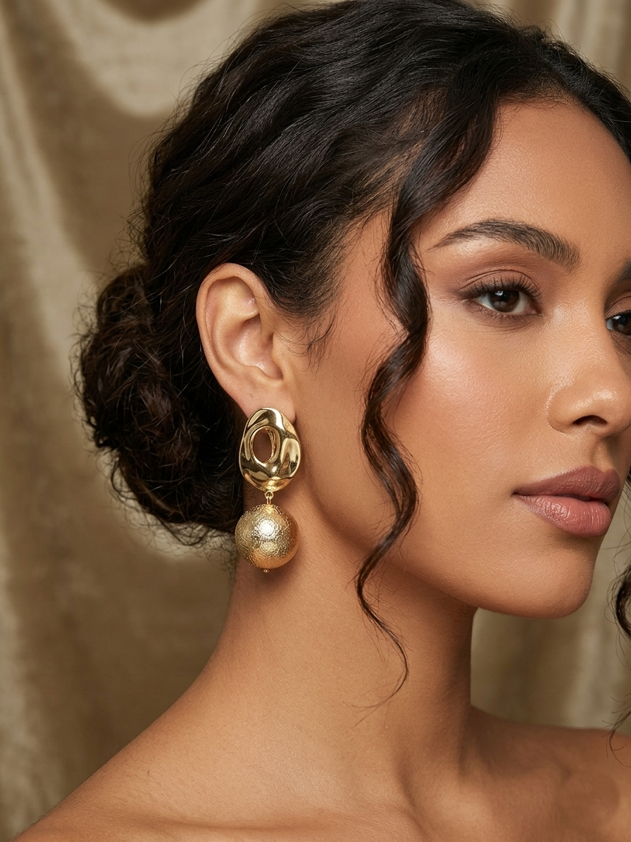 Textured Sphere Drop Earrings - Gold