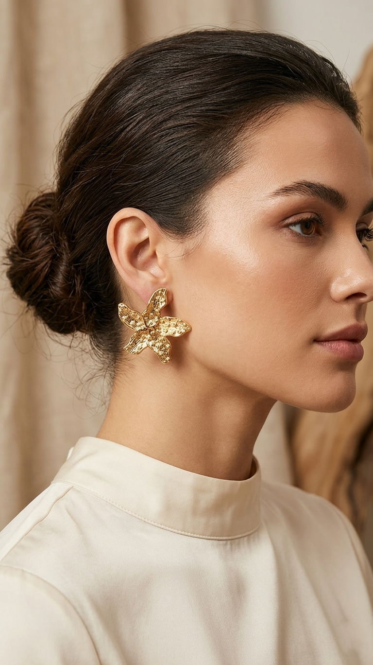 Textured Floral Statement Earrings - Gold