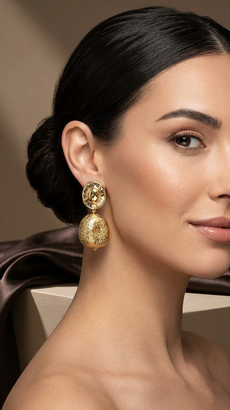Textured Oval Drop Earrings - Gold